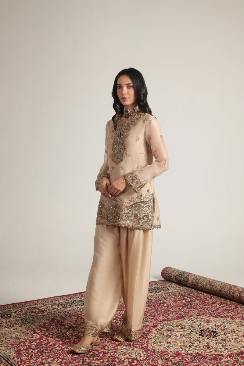 Zar-Rang Short Farshi Kurta Set organza, silk tencel kurta/kurta set by Niti Bothra in ivory for women in Singapore