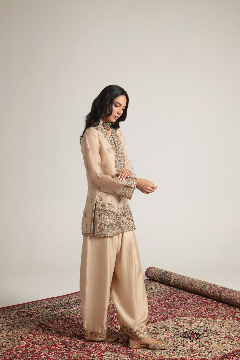 Zar-Rang Short Farshi Kurta Set organza, silk tencel kurta/kurta set by Niti Bothra in ivory for women in Singapore