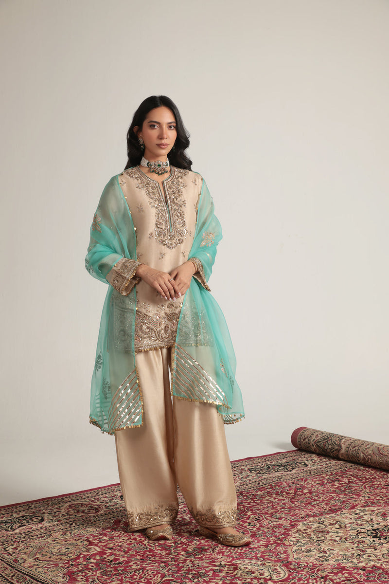 Zar-Rang Short Farshi Kurta Set organza, silk tencel kurta/kurta set by Niti Bothra in ivory for women in Singapore