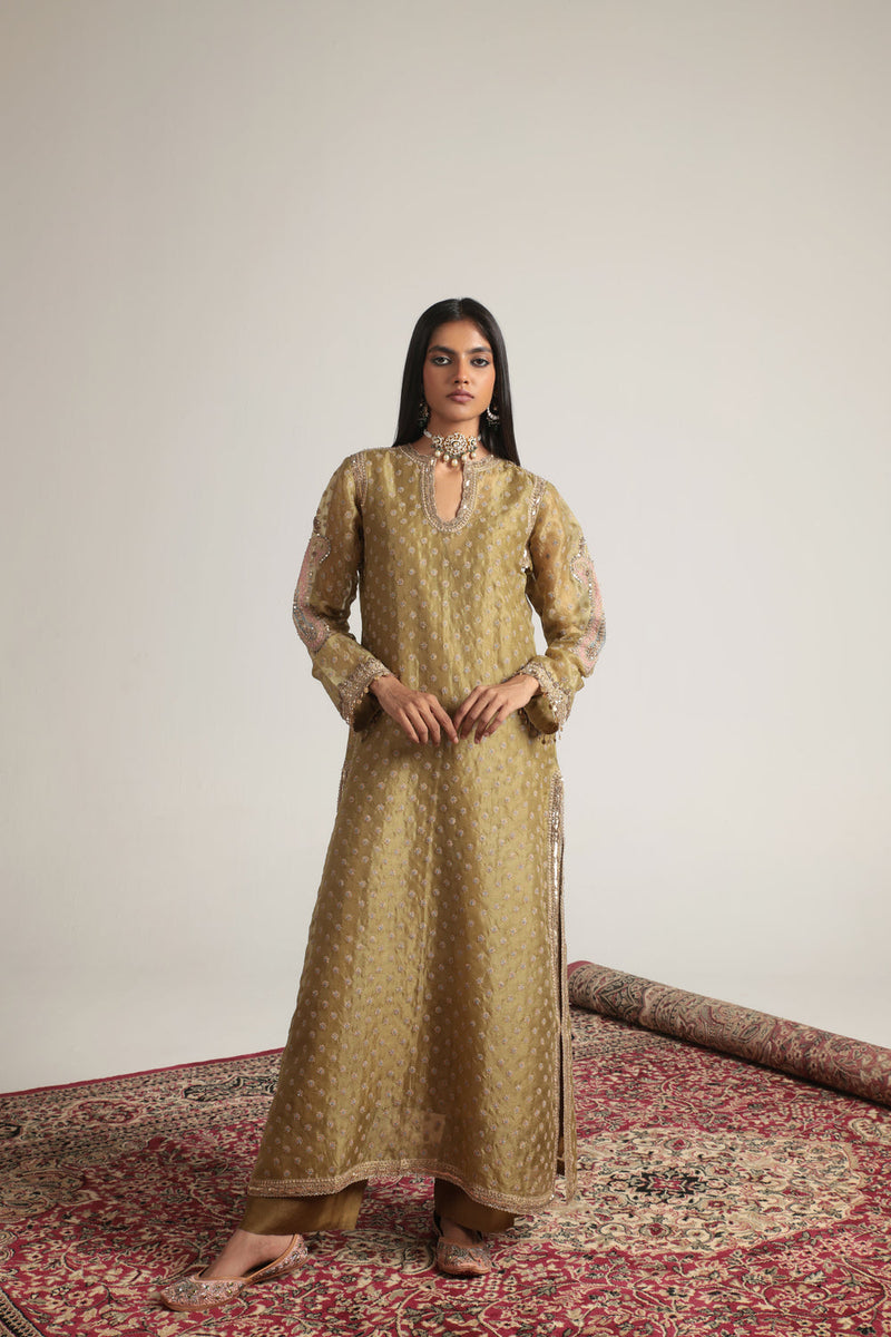Zar-Rang Olive Green Buti kurta Set organza, silk tencel kurta/kurta set by Niti Bothra in olive green for women in Singapore