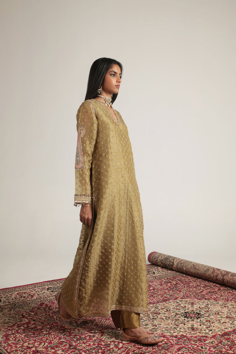 Zar-Rang Olive Green Buti kurta Set organza, silk tencel kurta/kurta set by Niti Bothra in olive green for women in Singapore
