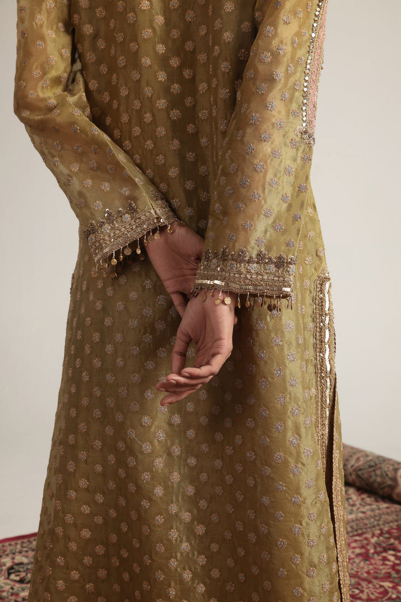 Zar-Rang Olive Green Buti kurta Set organza, silk tencel kurta/kurta set by Niti Bothra in olive green for women in Singapore