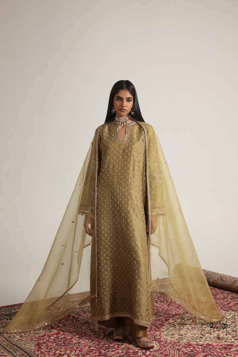 Zar-Rang Olive Green Buti kurta Set organza, silk tencel kurta/kurta set by Niti Bothra in olive green for women in Singapore