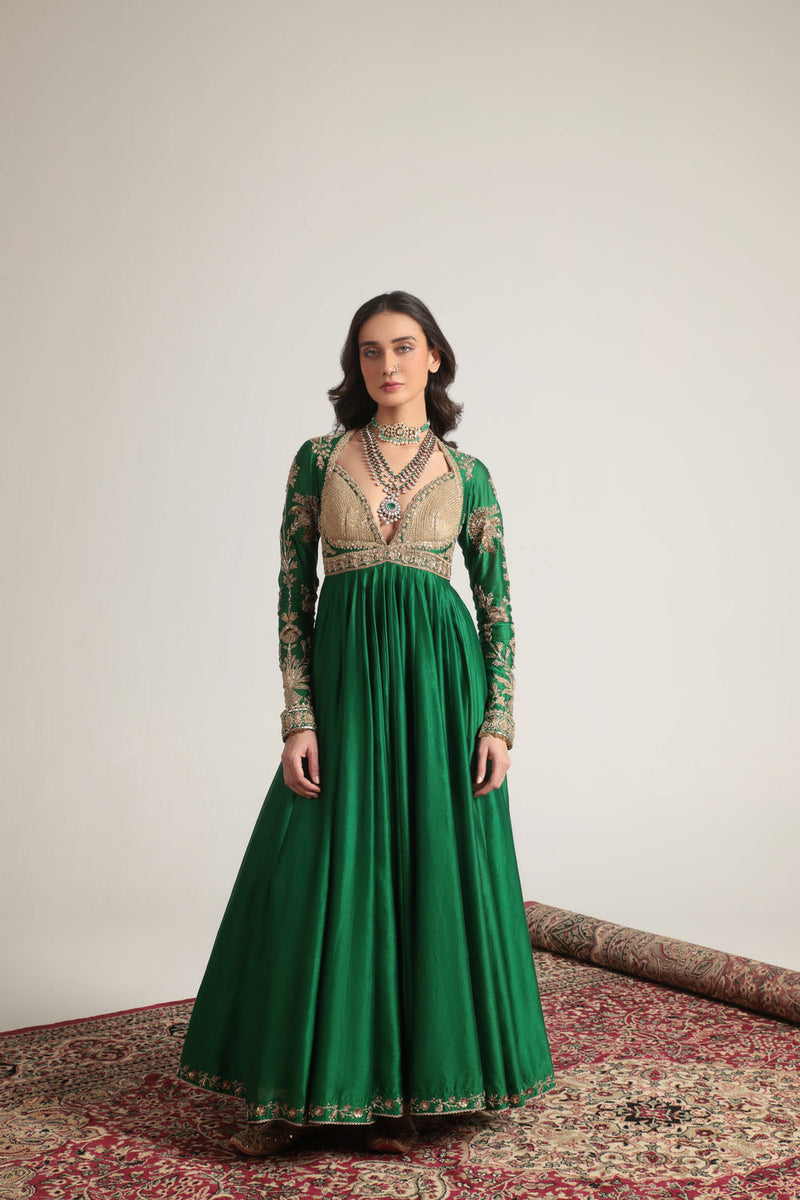 Zar-Rang Green Heavy Yoke Kalidar Set silk chanderi, silk tencel, organza kurta/kurta set by Niti Bothra in green for women in Singapore