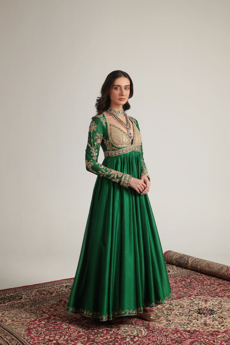 Zar-Rang Green Heavy Yoke Kalidar Set silk chanderi, silk tencel, organza kurta/kurta set by Niti Bothra in green for women in Singapore