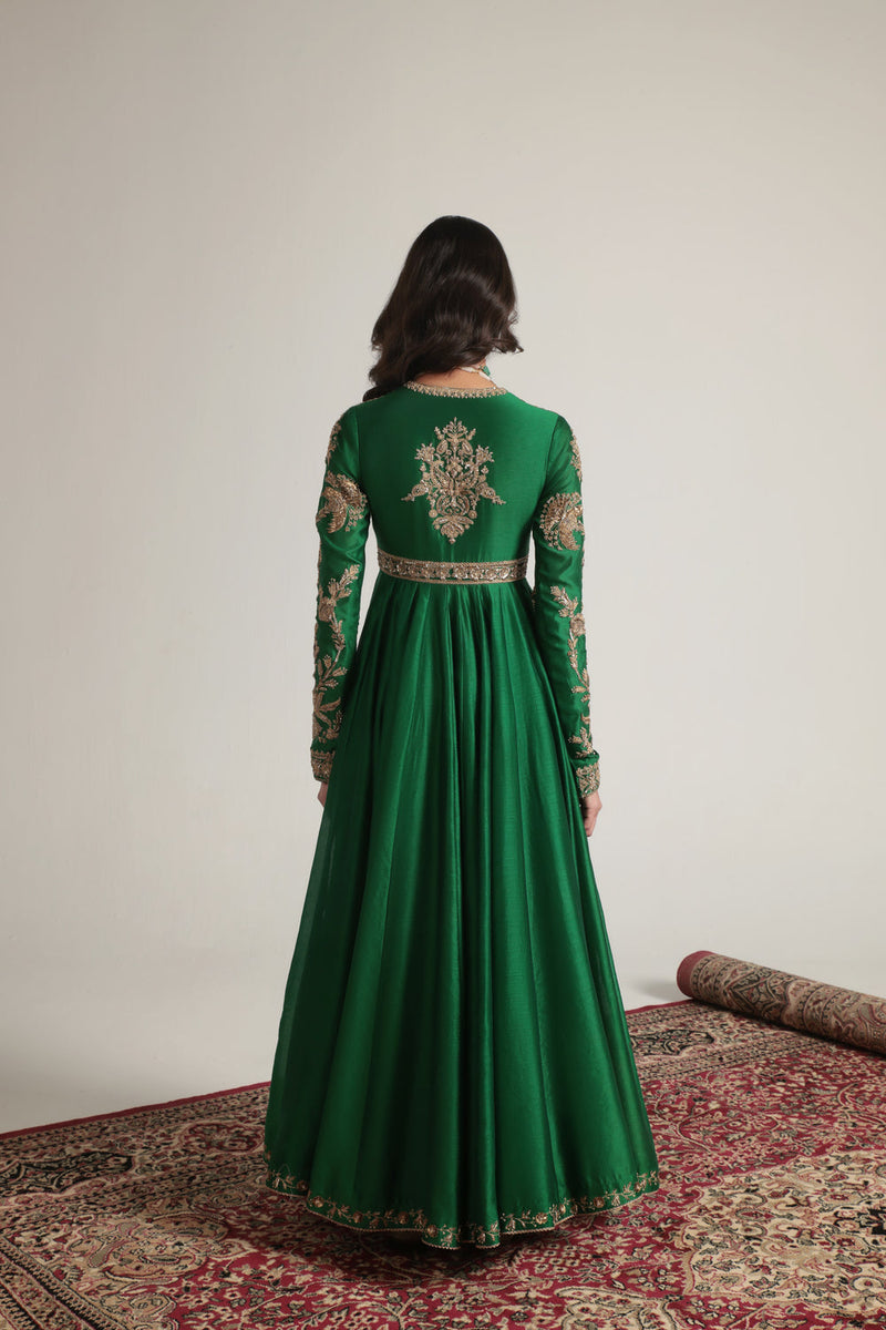 Zar-Rang Green Heavy Yoke Kalidar Set silk chanderi, silk tencel, organza kurta/kurta set by Niti Bothra in green for women in Singapore
