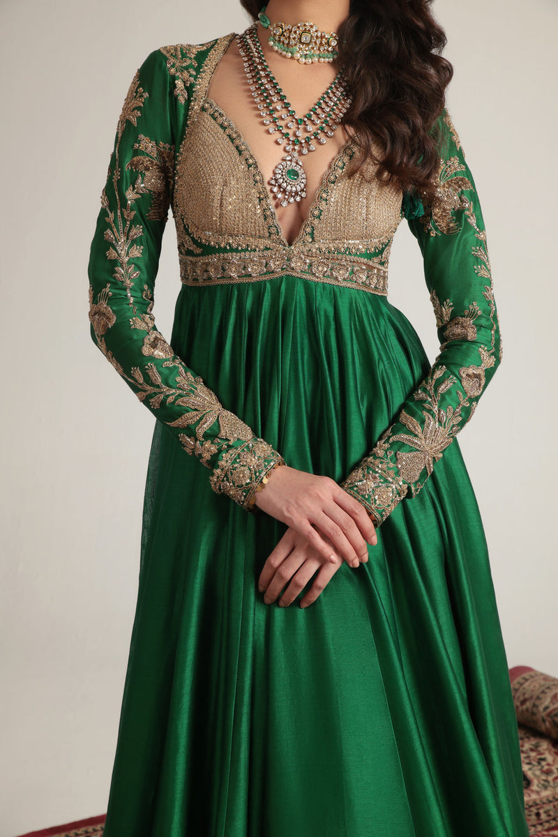 Zar-Rang Green Heavy Yoke Kalidar Set silk chanderi, silk tencel, organza kurta/kurta set by Niti Bothra in green for women in Singapore