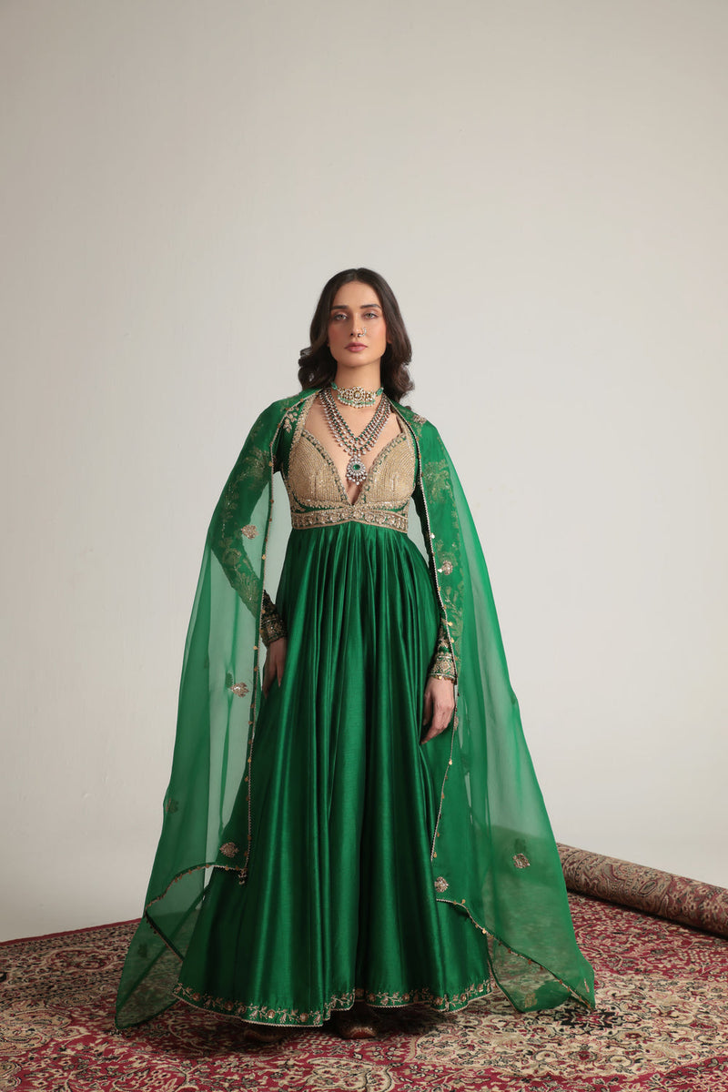Zar-Rang Green Heavy Yoke Kalidar Set silk chanderi, silk tencel, organza kurta/kurta set by Niti Bothra in green for women in Singapore