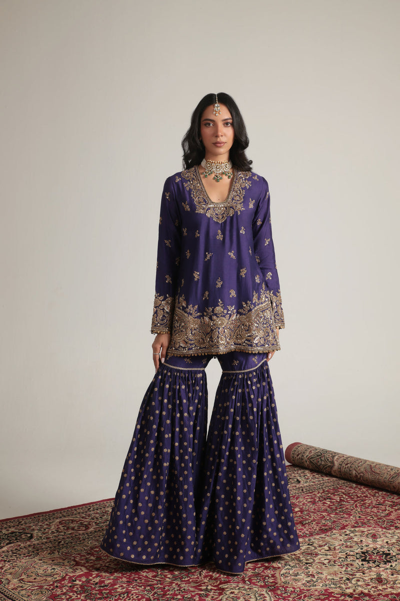 Zar-Rang Purple Buti Sharara Set kora silk, organza kurta/kurta set by Niti Bothra in purple for women in Singapore