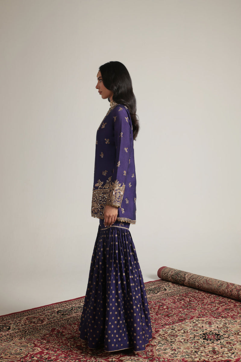 Zar-Rang Purple Buti Sharara Set kora silk, organza kurta/kurta set by Niti Bothra in purple for women in Singapore