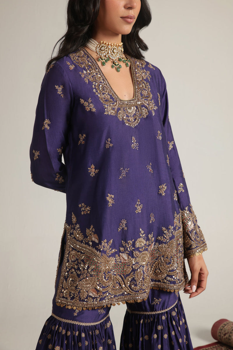 Zar-Rang Purple Buti Sharara Set kora silk, organza kurta/kurta set by Niti Bothra in purple for women in Singapore