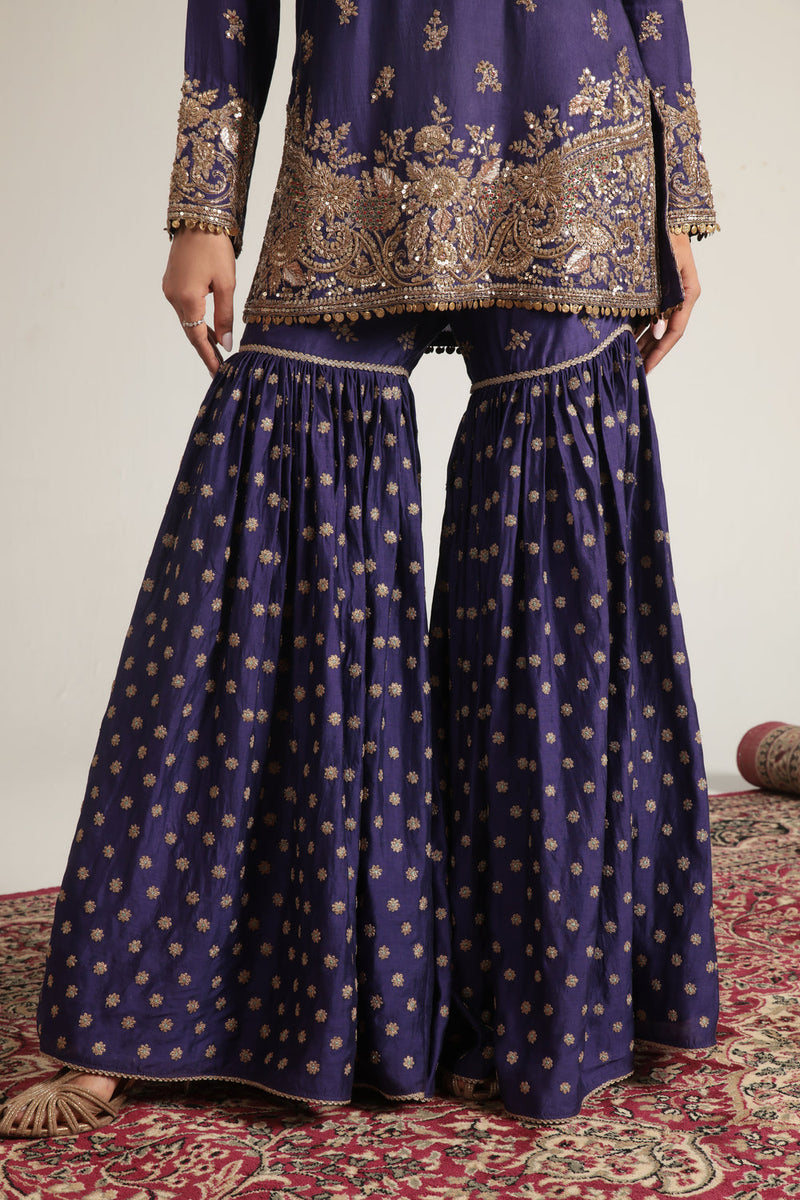 Zar-Rang Purple Buti Sharara Set kora silk, organza kurta/kurta set by Niti Bothra in purple for women in Singapore
