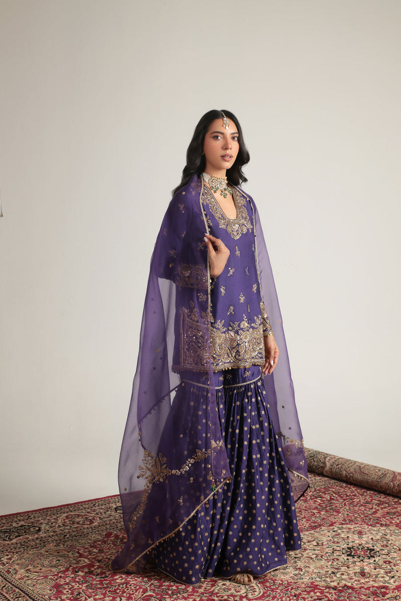 Zar-Rang Purple Buti Sharara Set kora silk, organza kurta/kurta set by Niti Bothra in purple for women in Singapore