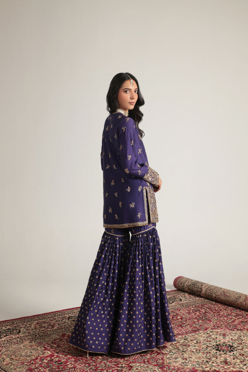 Zar-Rang Purple Buti Sharara Set kora silk, organza kurta/kurta set by Niti Bothra in purple for women in Singapore