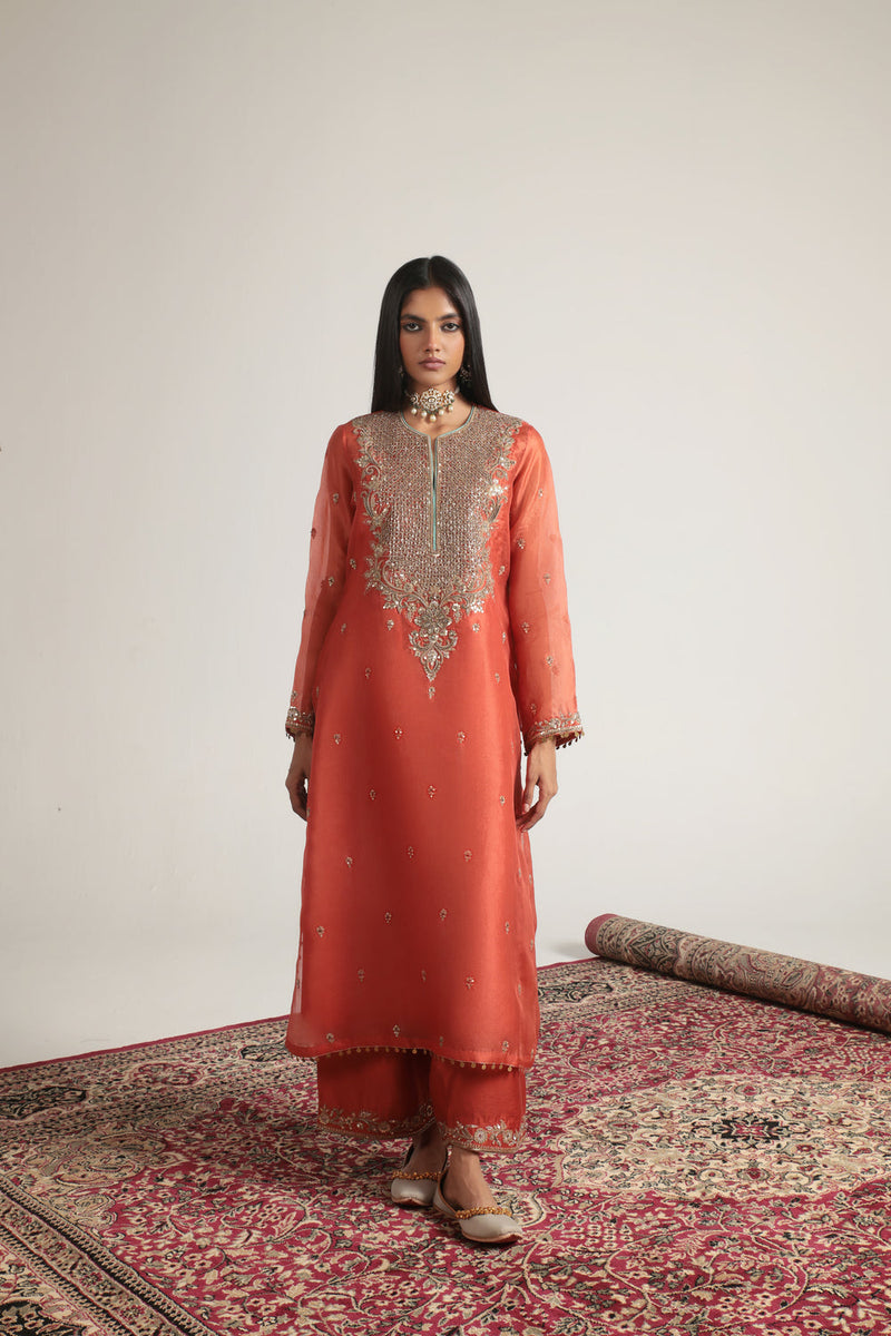 Zar-Rang Orange Long Kurta Set organza, silk tencel kurta/kurta set by Niti Bothra in orange for women in Singapore