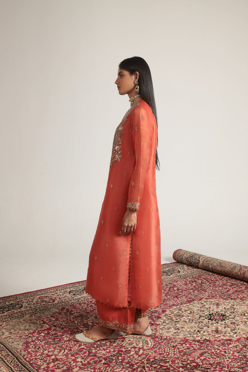 Zar-Rang Orange Long Kurta Set organza, silk tencel kurta/kurta set by Niti Bothra in orange for women in Singapore