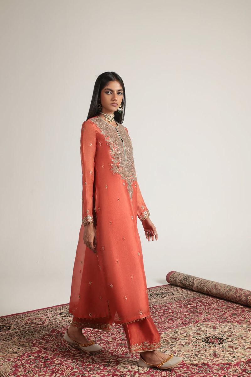 Zar-Rang Orange Long Kurta Set organza, silk tencel kurta/kurta set by Niti Bothra in orange for women in Singapore