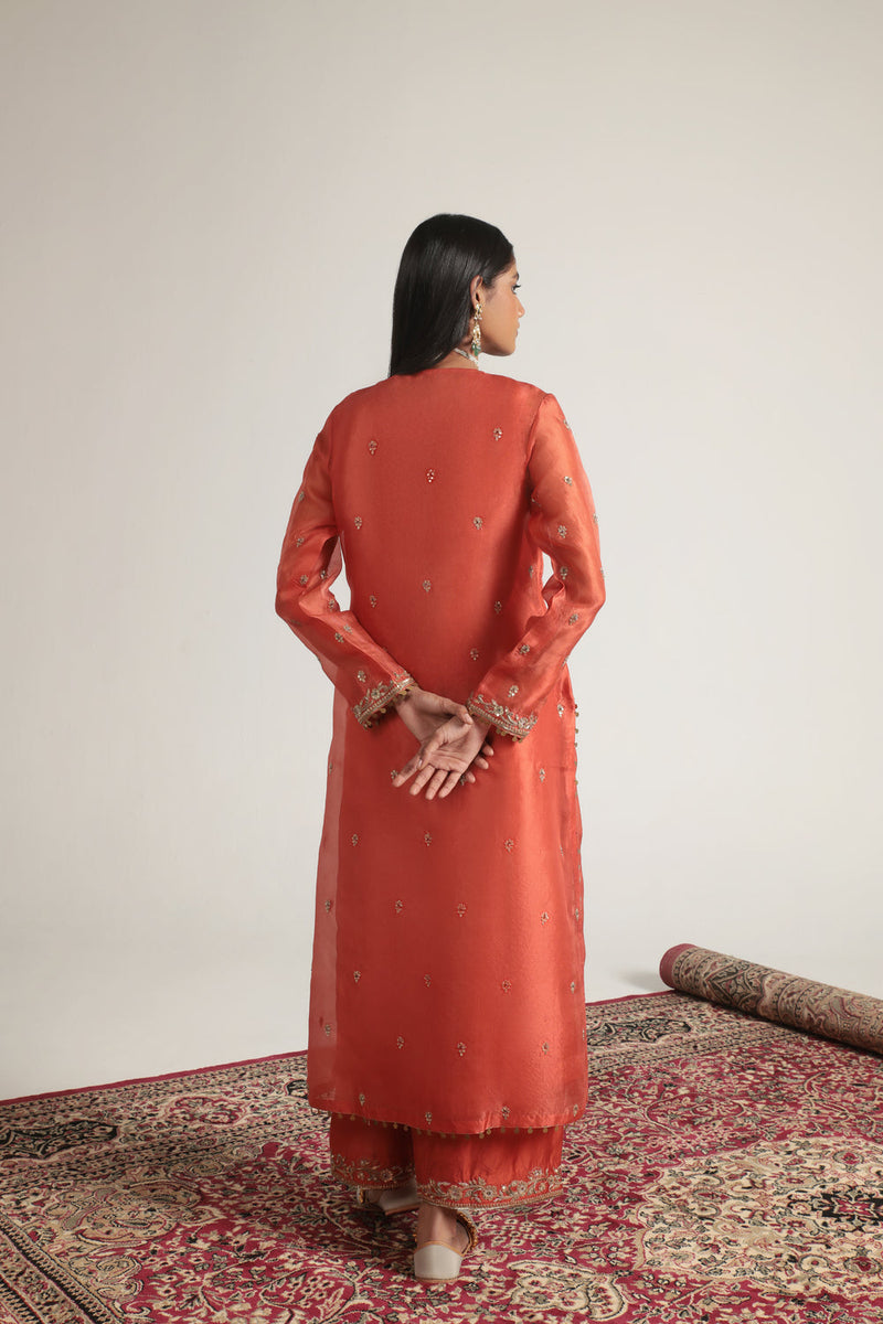 Zar-Rang Orange Long Kurta Set organza, silk tencel kurta/kurta set by Niti Bothra in orange for women in Singapore