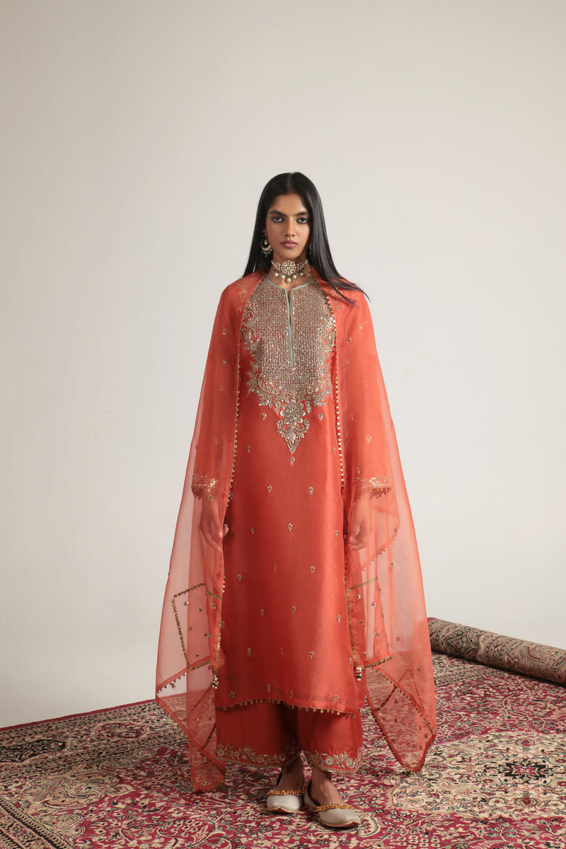 Zar-Rang Orange Long Kurta Set organza, silk tencel kurta/kurta set by Niti Bothra in orange for women in Singapore