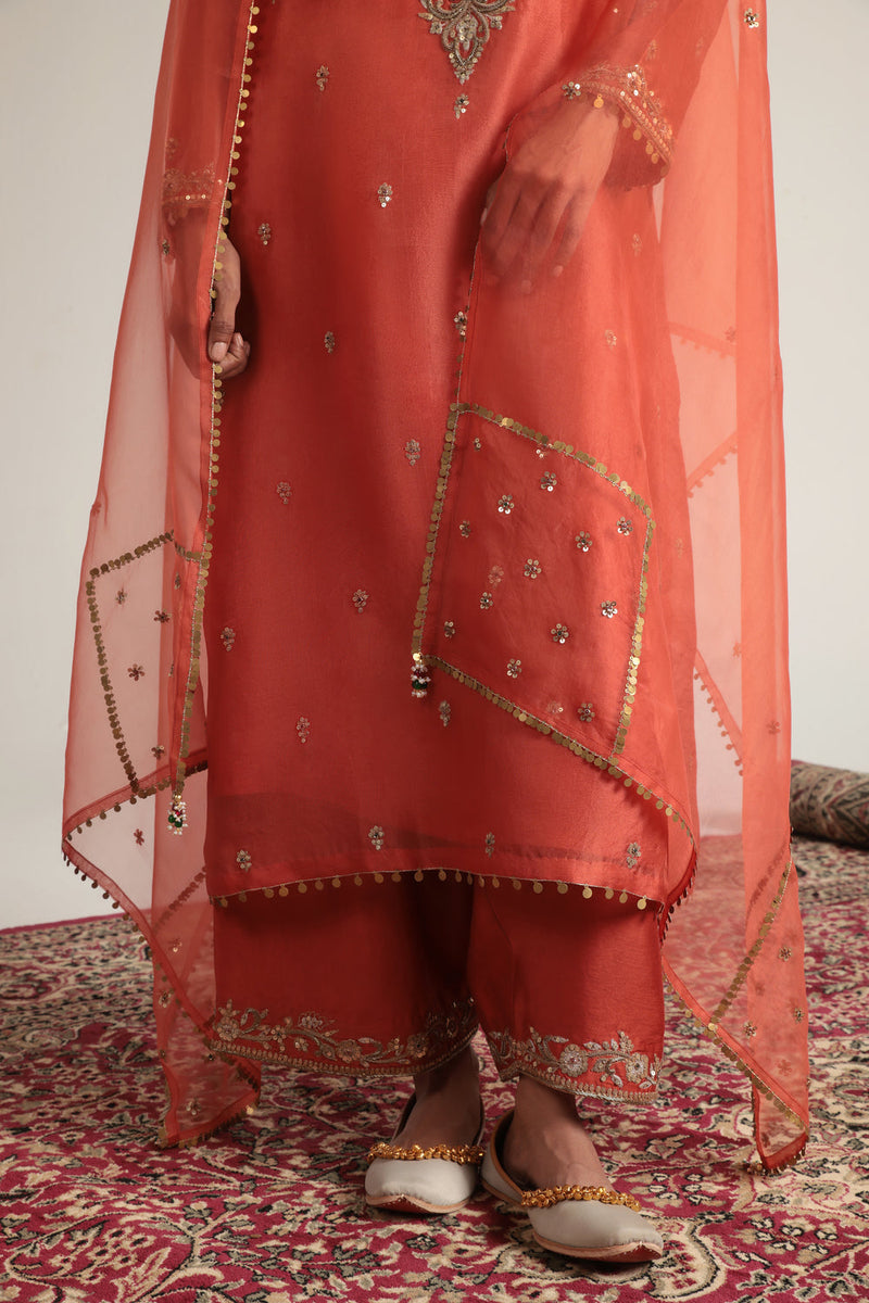 Zar-Rang Orange Long Kurta Set organza, silk tencel kurta/kurta set by Niti Bothra in orange for women in Singapore