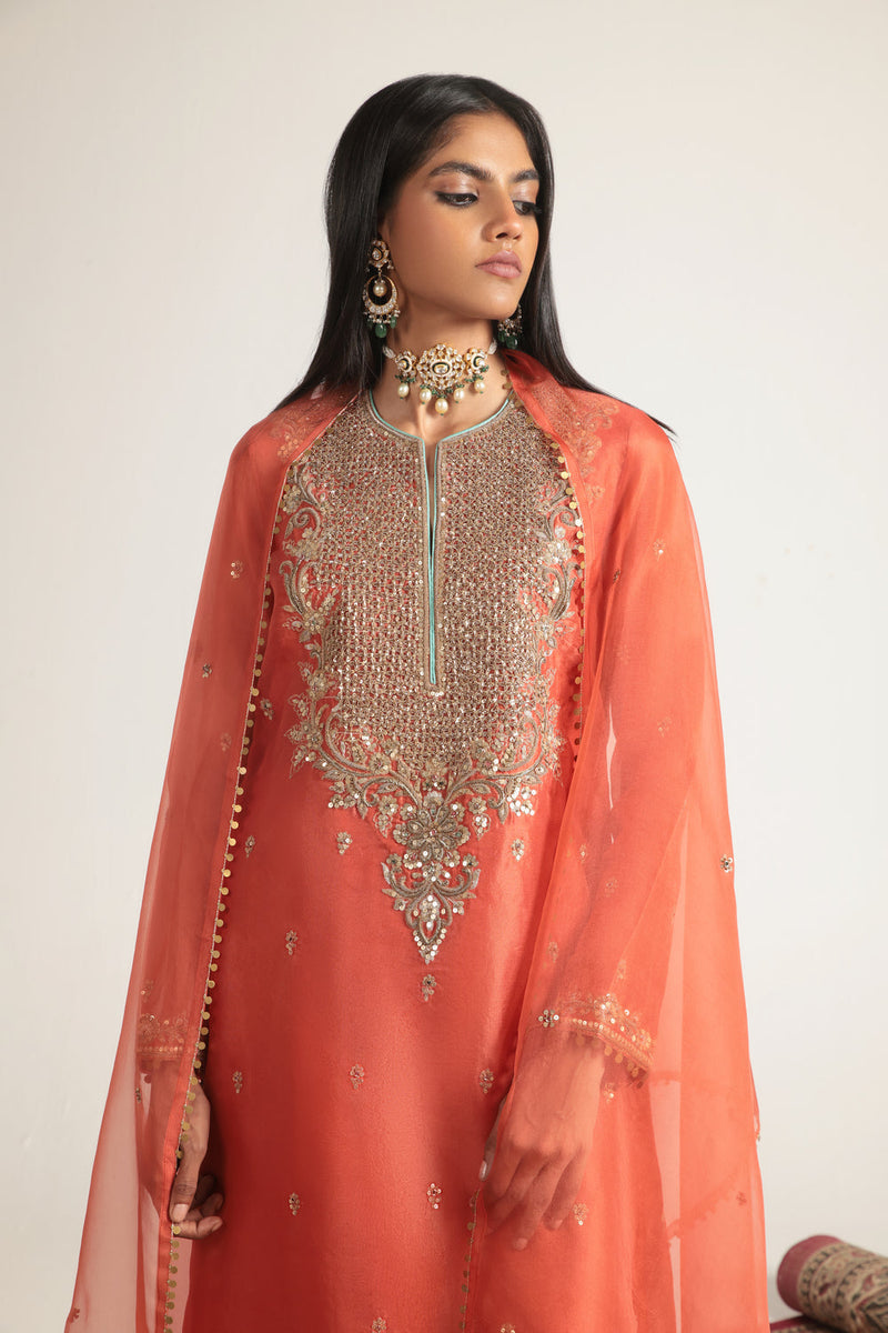 Zar-Rang Orange Long Kurta Set organza, silk tencel kurta/kurta set by Niti Bothra in orange for women in Singapore