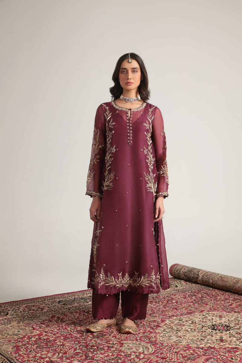 Zar-Rang Wine Light Phool Patti Kurta Set organza, silk tencel kurta/kurta set by Niti Bothra in wine for women in Singapore