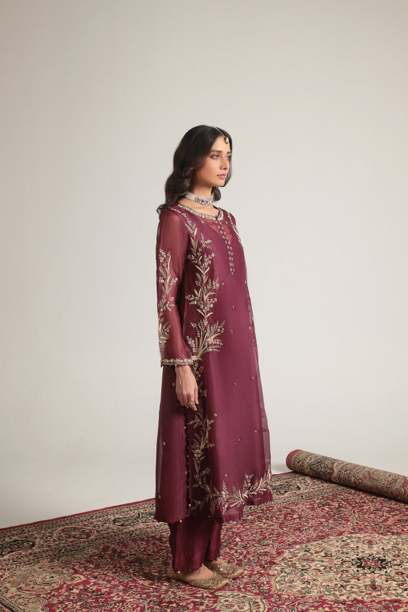 Zar-Rang Wine Light Phool Patti Kurta Set organza, silk tencel kurta/kurta set by Niti Bothra in wine for women in Singapore