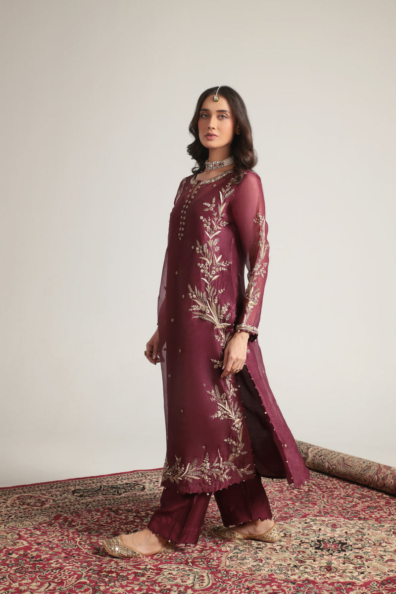 Zar-Rang Wine Light Phool Patti Kurta Set organza, silk tencel kurta/kurta set by Niti Bothra in wine for women in Singapore
