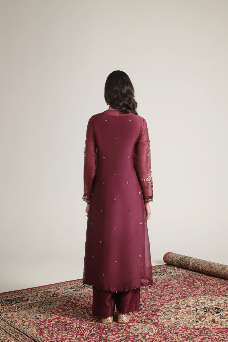 Zar-Rang Wine Light Phool Patti Kurta Set organza, silk tencel kurta/kurta set by Niti Bothra in wine for women in Singapore