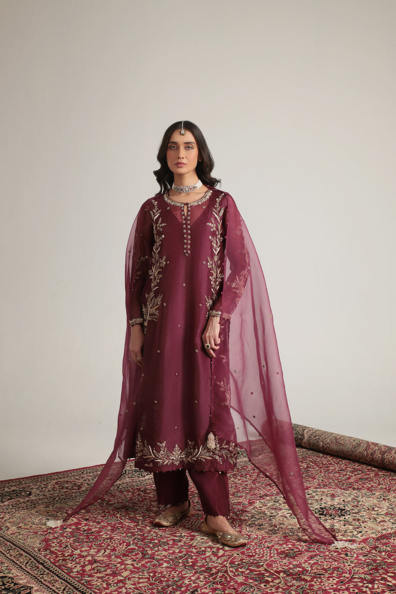 Zar-Rang Wine Light Phool Patti Kurta Set organza, silk tencel kurta/kurta set by Niti Bothra in wine for women in Singapore