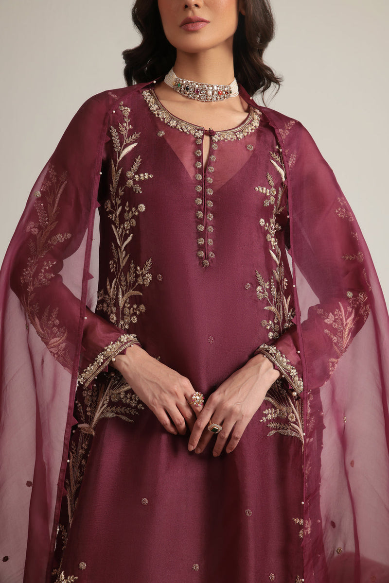 Zar-Rang Wine Light Phool Patti Kurta Set organza, silk tencel kurta/kurta set by Niti Bothra in wine for women in Singapore