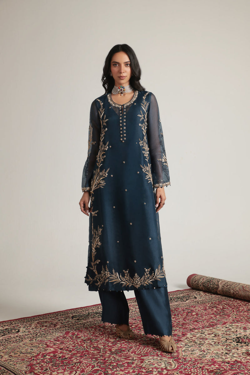Zar-Rang Blue Light Phool Patti Kurta Set organza, silk tencel kurta/kurta set by Niti Bothra in blue for women in Singapore