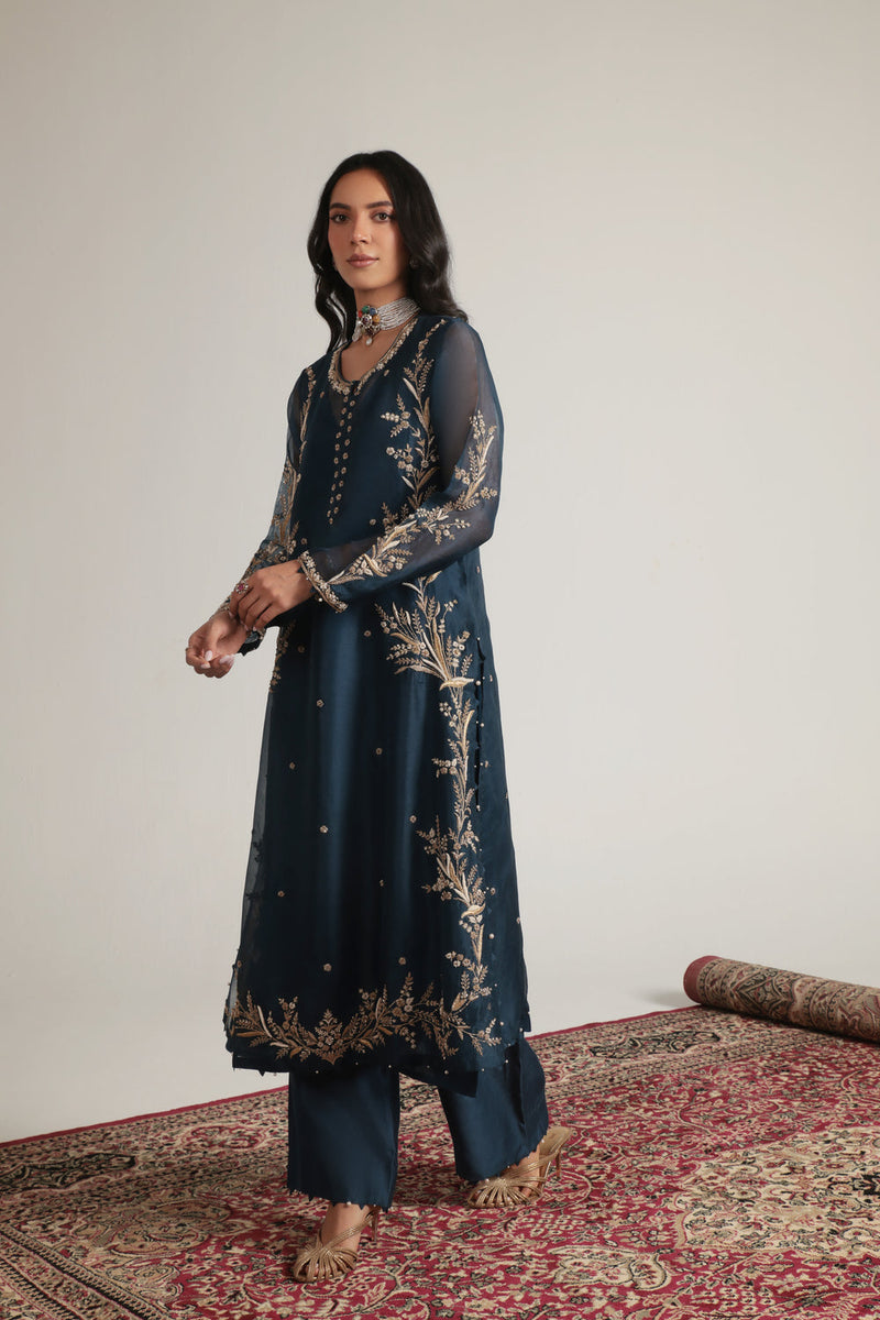 Zar-Rang Blue Light Phool Patti Kurta Set organza, silk tencel kurta/kurta set by Niti Bothra in blue for women in Singapore