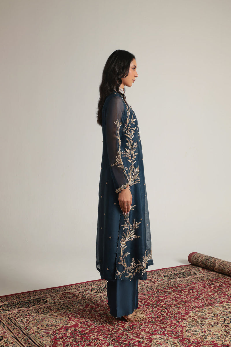Zar-Rang Blue Light Phool Patti Kurta Set organza, silk tencel kurta/kurta set by Niti Bothra in blue for women in Singapore