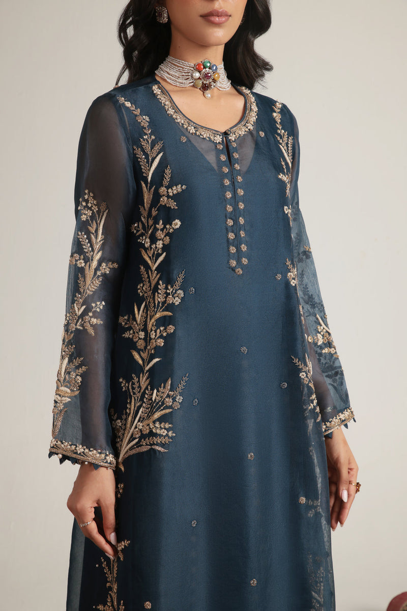 Zar-Rang Blue Light Phool Patti Kurta Set organza, silk tencel kurta/kurta set by Niti Bothra in blue for women in Singapore