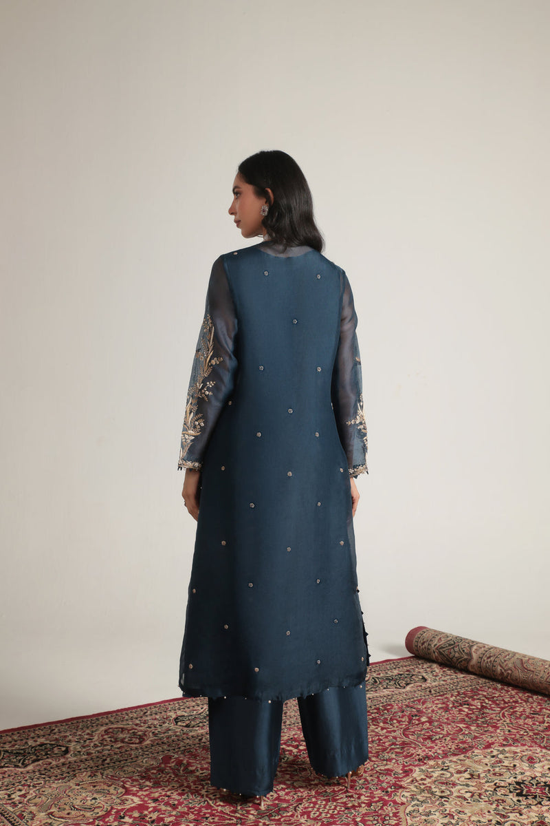 Zar-Rang Blue Light Phool Patti Kurta Set organza, silk tencel kurta/kurta set by Niti Bothra in blue for women in Singapore