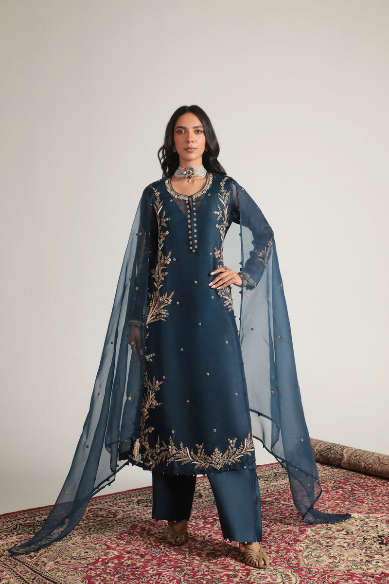 Zar-Rang Blue Light Phool Patti Kurta Set organza, silk tencel kurta/kurta set by Niti Bothra in blue for women in Singapore