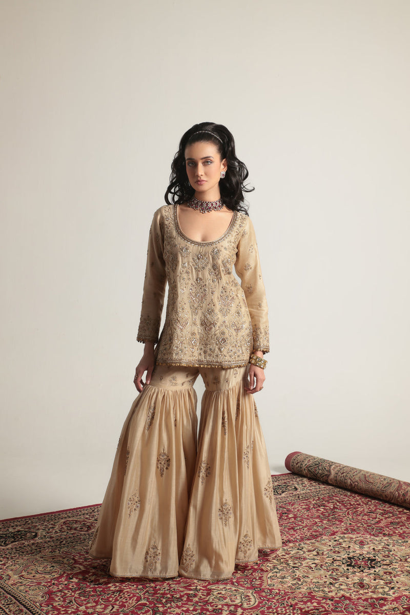 Zar-Rang Ivory Sharara Set silk chanderi kurta/kurta set by Niti Bothra in ivory for women in Singapore