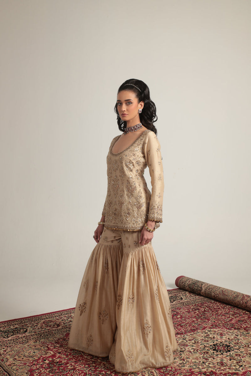 Zar-Rang Ivory Sharara Set silk chanderi kurta/kurta set by Niti Bothra in ivory for women in Singapore