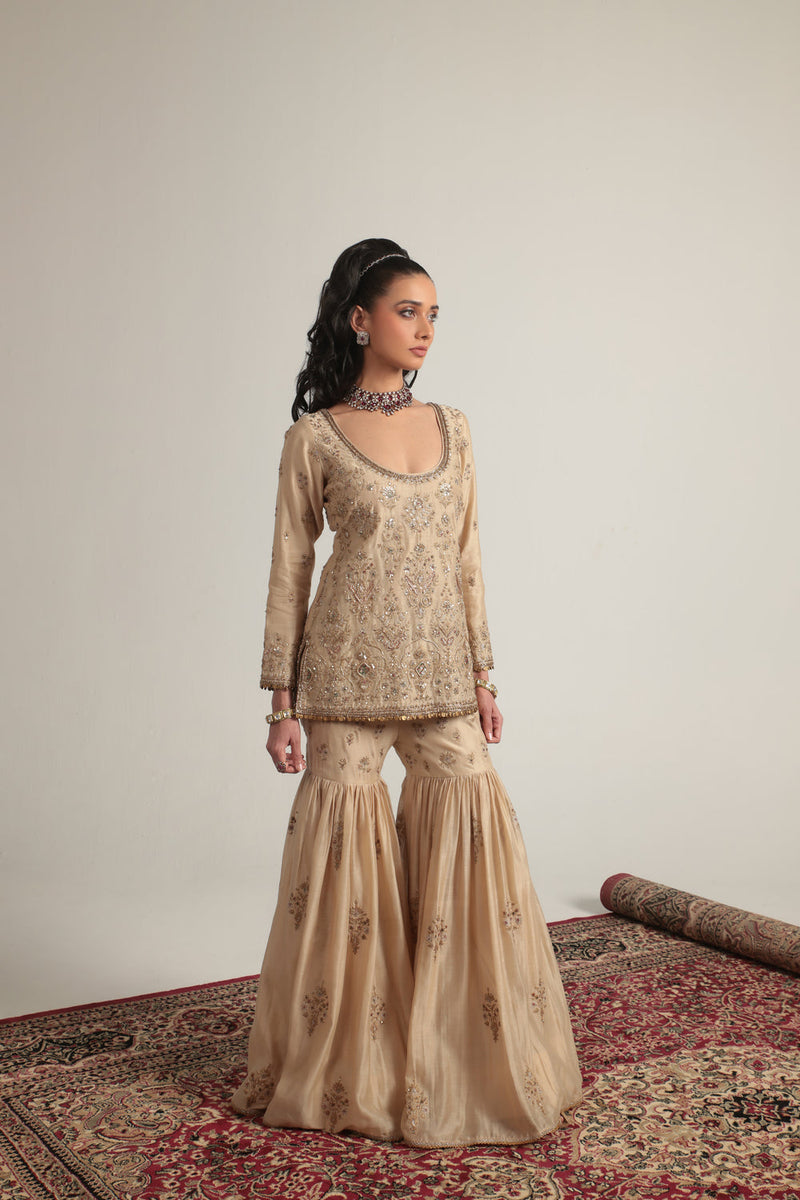 Zar-Rang Ivory Sharara Set silk chanderi kurta/kurta set by Niti Bothra in ivory for women in Singapore