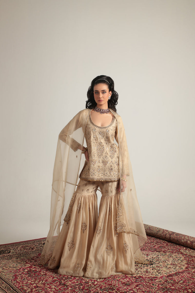 Zar-Rang Ivory Sharara Set silk chanderi kurta/kurta set by Niti Bothra in ivory for women in Singapore