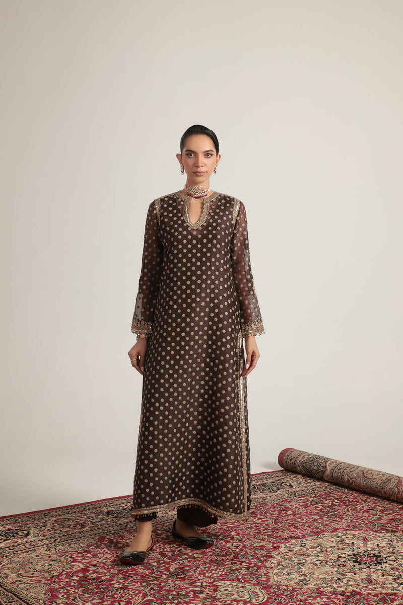 Zar-Rang Brown Buti Kurta Set organza, silk tencel kurta/kurta set by Niti Bothra in brown for women in Singapore