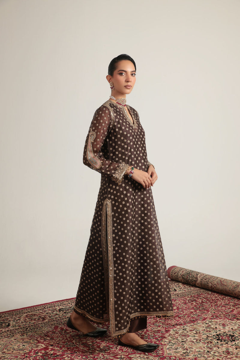 Zar-Rang Brown Buti Kurta Set organza, silk tencel kurta/kurta set by Niti Bothra in brown for women in Singapore