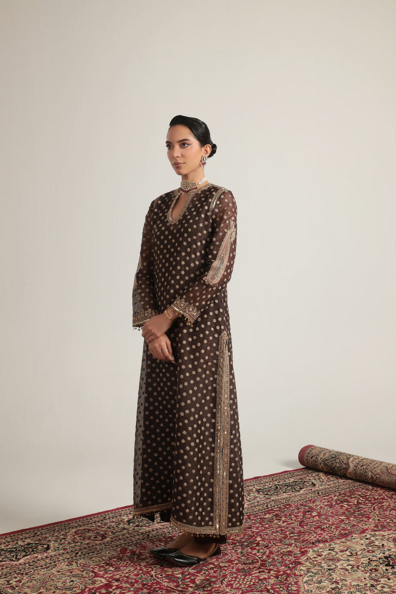 Zar-Rang Brown Buti Kurta Set organza, silk tencel kurta/kurta set by Niti Bothra in brown for women in Singapore