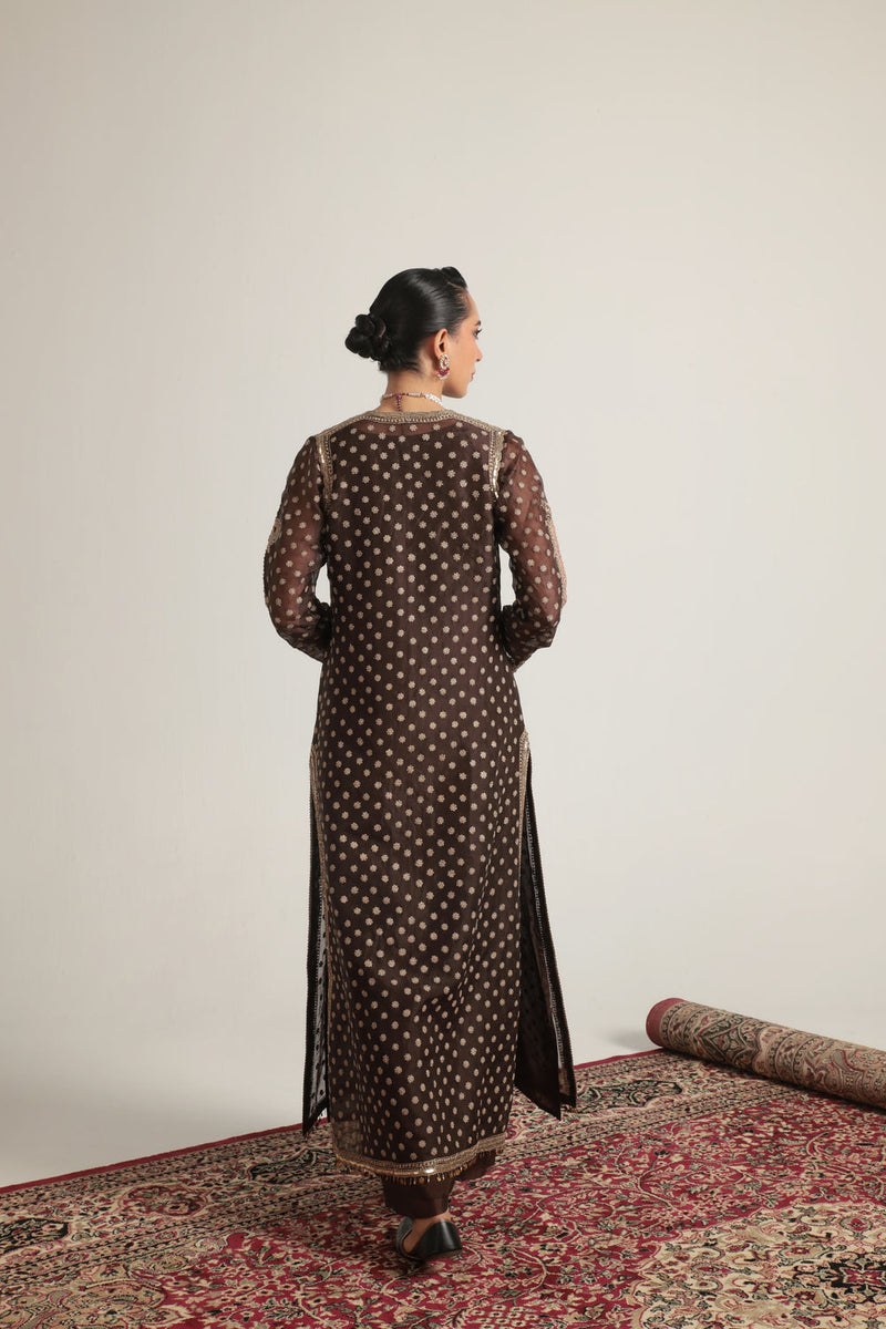 Zar-Rang Brown Buti Kurta Set organza, silk tencel kurta/kurta set by Niti Bothra in brown for women in Singapore