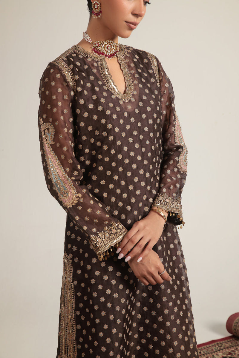 Zar-Rang Brown Buti Kurta Set organza, silk tencel kurta/kurta set by Niti Bothra in brown for women in Singapore