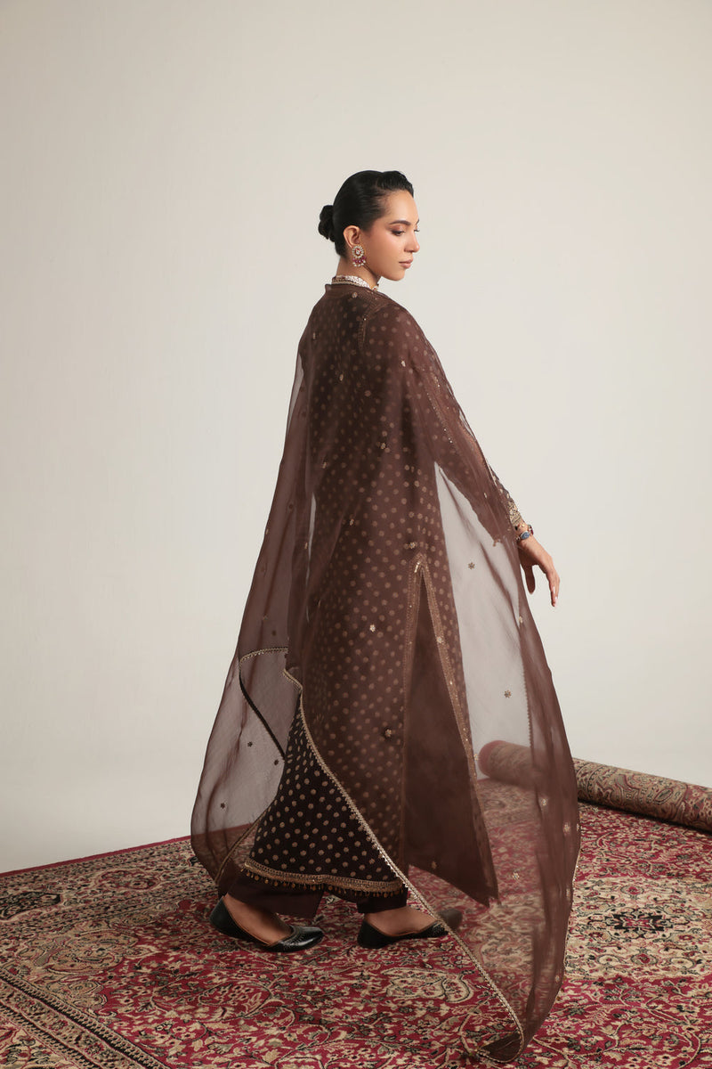 Zar-Rang Brown Buti Kurta Set organza, silk tencel kurta/kurta set by Niti Bothra in brown for women in Singapore