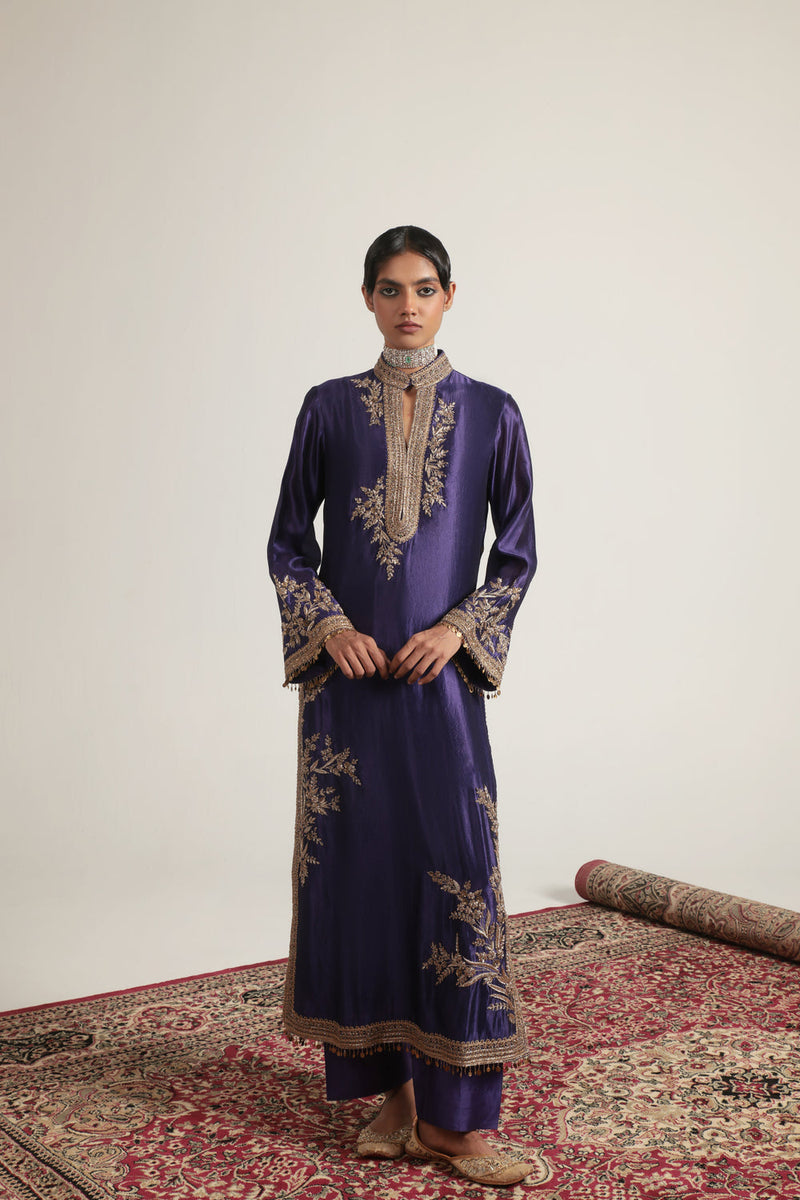 Zar-Rang Purple Jaal Kurta Set kora silk, silk tencel kurta/kurta set by Niti Bothra in purple for women in Singapore