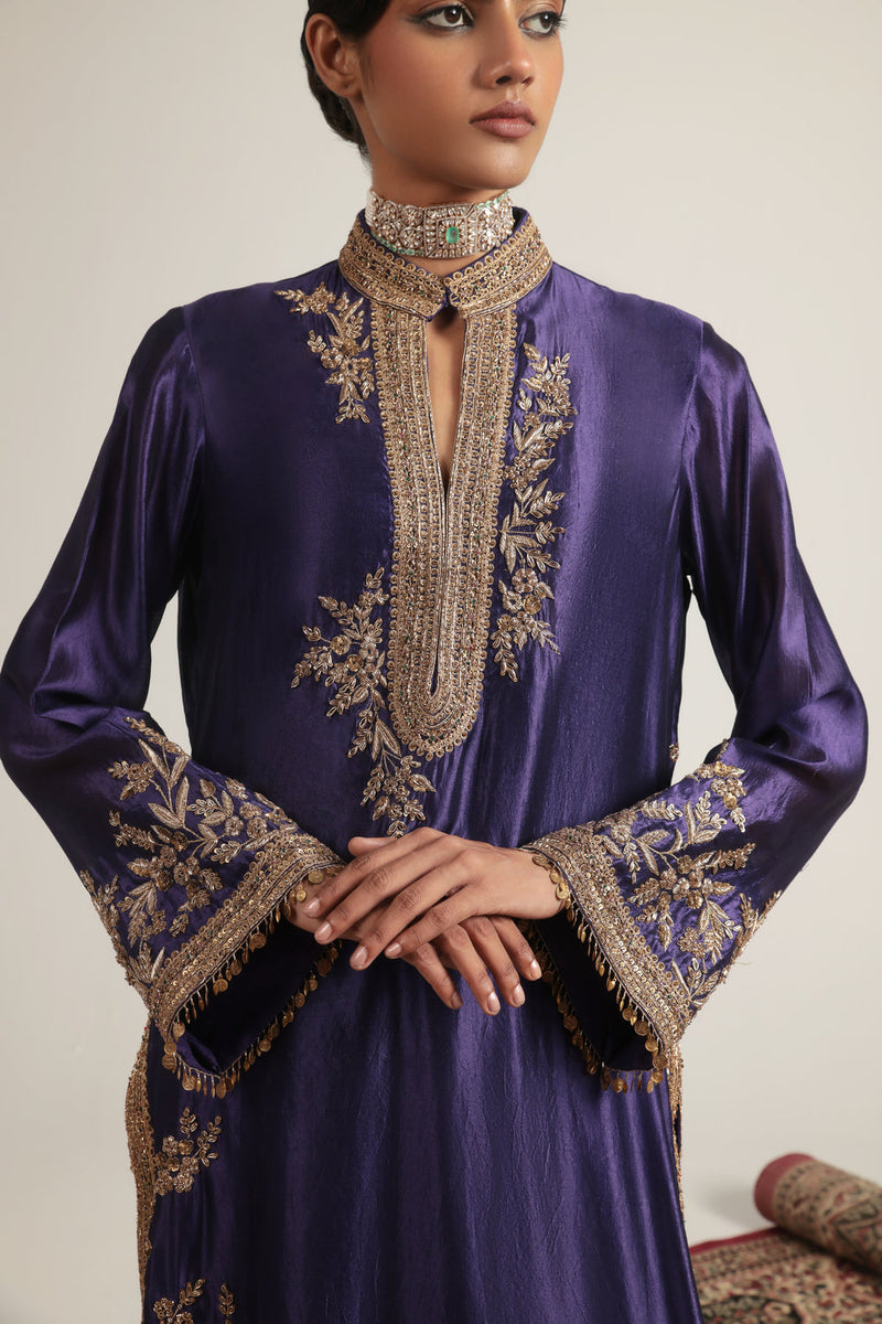 Zar-Rang Purple Jaal Kurta Set kora silk, silk tencel kurta/kurta set by Niti Bothra in purple for women in Singapore