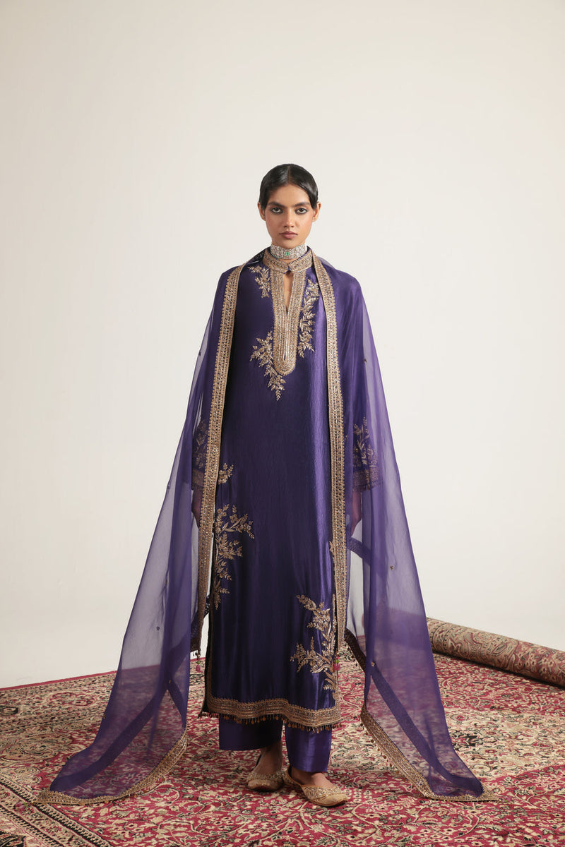 Zar-Rang Purple Jaal Kurta Set kora silk, silk tencel kurta/kurta set by Niti Bothra in purple for women in Singapore